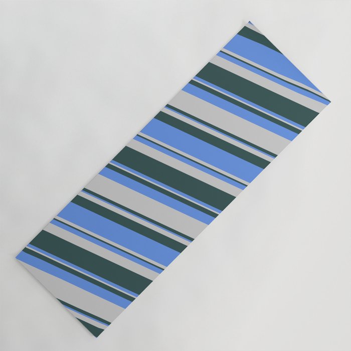 Cornflower Blue, Light Grey & Dark Slate Gray Colored Lines/Stripes Pattern Yoga Mat