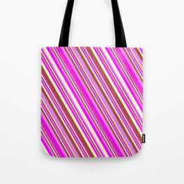 [ Thumbnail: Sienna, Violet, Fuchsia, and Light Yellow Colored Lines/Stripes Pattern Tote Bag ]