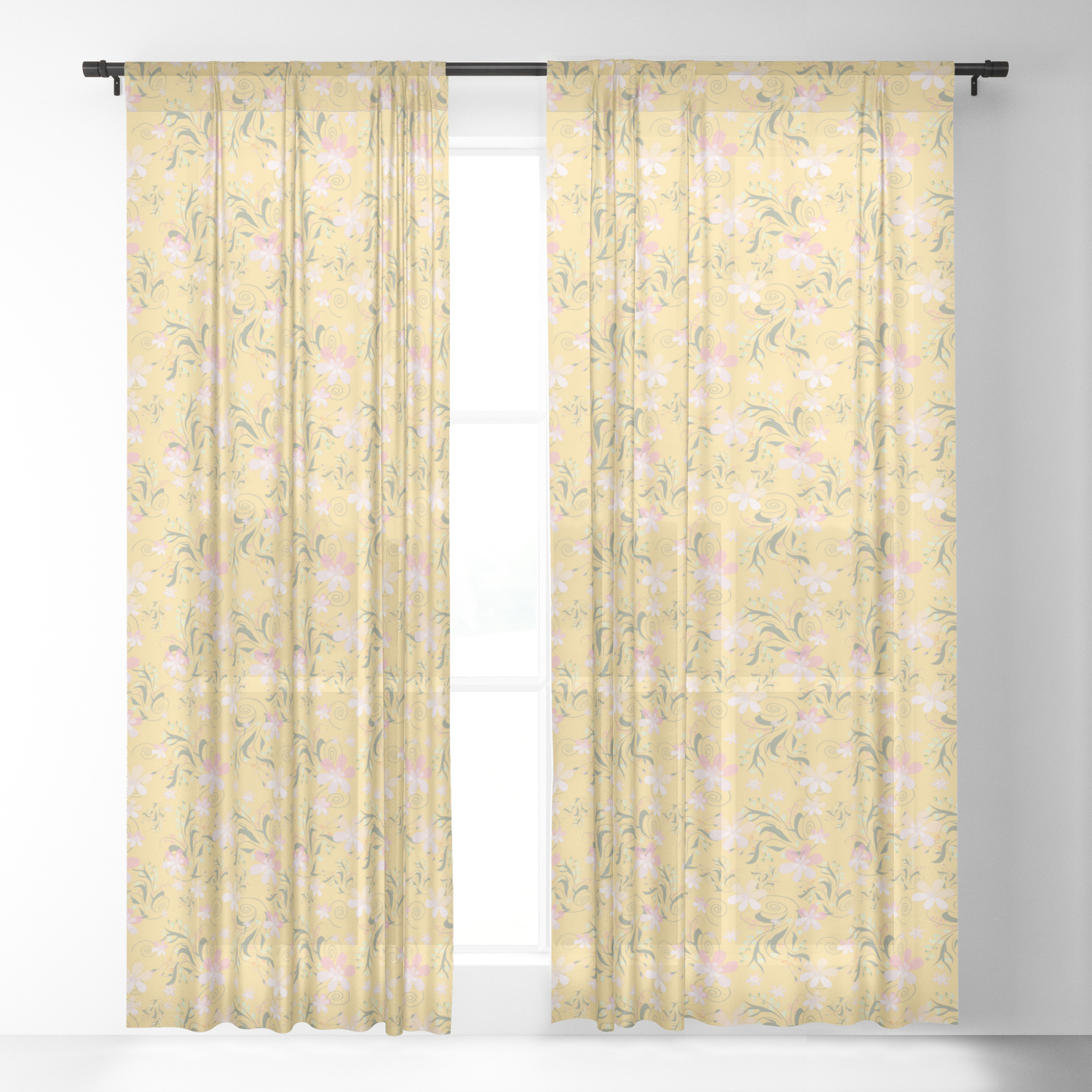 Pale Pink Flowers On Yellow Sheer Curtain By Palitraart Society6
