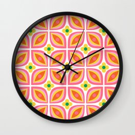 Groovy geometric pattern / 1970s inspired / pink and green / retro vintage tiles Wall Clock