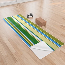 [ Thumbnail: Eyecatching Green, Tan, Dark Green, Blue, and White Colored Lines Pattern Yoga Towel ]