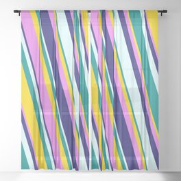 [ Thumbnail: Eye-catching Yellow, Violet, Midnight Blue, Light Cyan, and Dark Cyan Colored Stripes/Lines Pattern Sheer Curtain ]