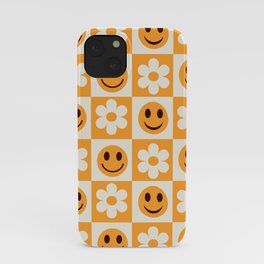 Orange and white checkered flowers and smiley faces pattern  iPhone Case | Orange, Retro, 1960S, Spring, Checkered Squares, Summer, Flowers, Dorm Room, Funny, Yasmine Patterns 