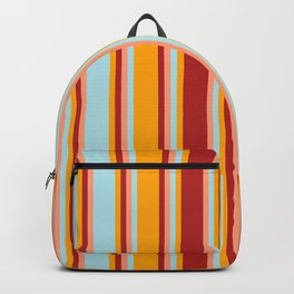 [ Thumbnail: Orange, Red, Light Salmon & Powder Blue Colored Stripes/Lines Pattern Backpack ]