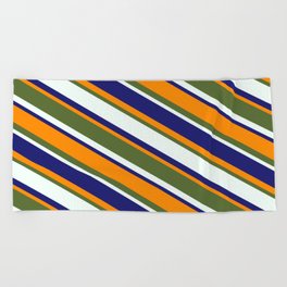 [ Thumbnail: Midnight Blue, Dark Orange, Dark Olive Green, and Mint Cream Colored Pattern of Stripes Beach Towel ]