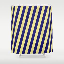 [ Thumbnail: Midnight Blue & Tan Colored Striped Pattern Shower Curtain ]