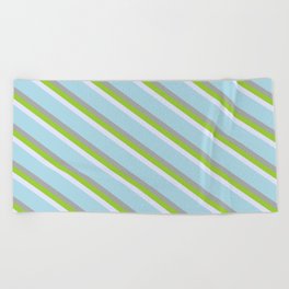 [ Thumbnail: Lavender, Light Blue, Dark Gray & Green Colored Striped/Lined Pattern Beach Towel ]
