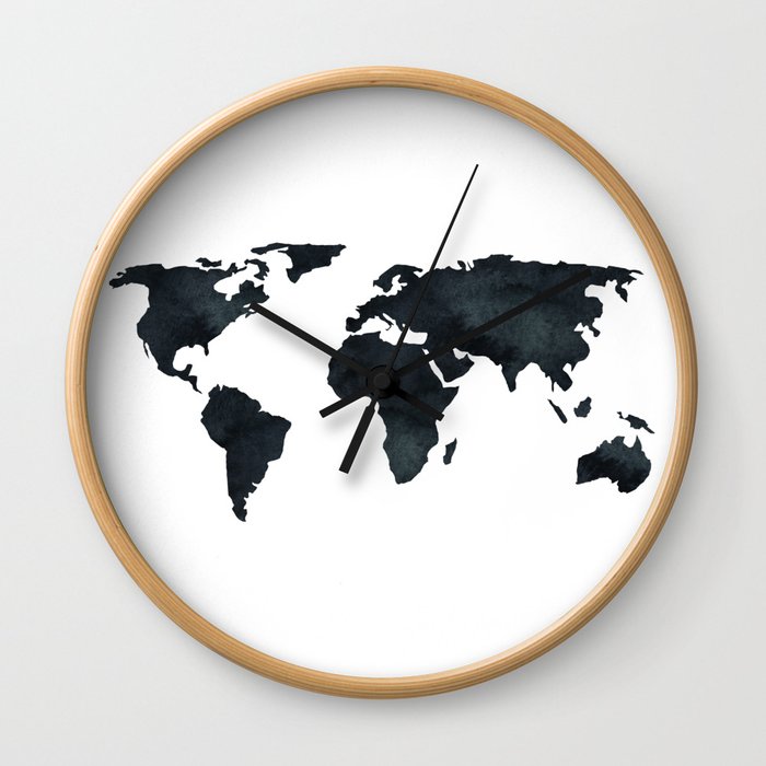 World Map Black Watercolor Ink Wall Clock