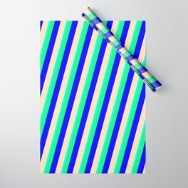 [ Thumbnail: Cyan, Green, Blue & Beige Colored Lined Pattern Wrapping Paper ]
