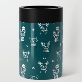 Teal Blue and White Hand Drawn Dog Puppy Pattern Can Cooler