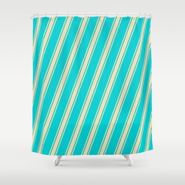 [ Thumbnail: Dark Turquoise and Tan Colored Stripes/Lines Pattern Shower Curtain ]