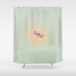 Sketched Dragonfly and Gold Circle Frame on Apple Green Shower Curtain