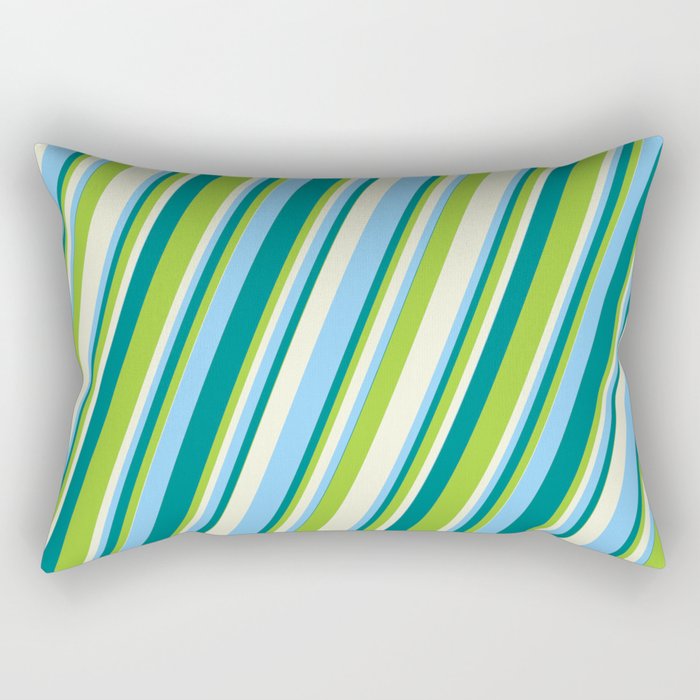 Teal, Green, Beige & Light Sky Blue Colored Stripes/Lines Pattern Rectangular Pillow