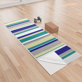 [ Thumbnail: Eye-catching Dark Cyan, Pale Goldenrod, Dark Grey, Blue, and White Colored Lines Pattern Yoga Towel ]