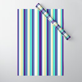 [ Thumbnail: Eye-catching Turquoise, Indigo, Blue, White, and Pale Goldenrod Colored Lines Pattern Wrapping Paper ]