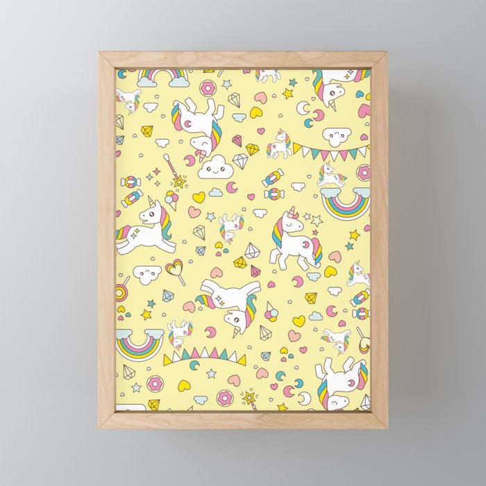 Unicorn Yellow Pattern Framed Mini Art Print