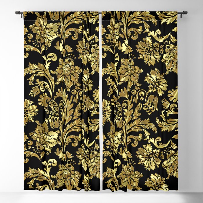 Black Shiny Gold Vintage Floral Damasks Blackout Curtain By