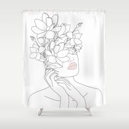 Minimal Line Art Woman with Magnolia Shower Curtain