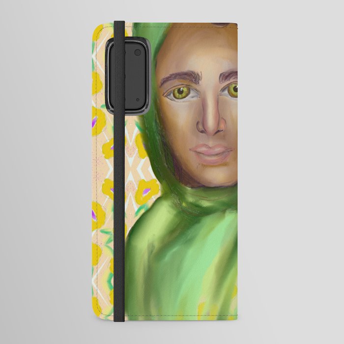 Woman In Green Hijab With Yellow Floral Background Android Wallet Case