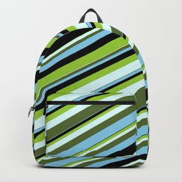 [ Thumbnail: Colorful Green, Light Cyan, Dark Olive Green, Sky Blue & Black Colored Lines/Stripes Pattern Backpack ]