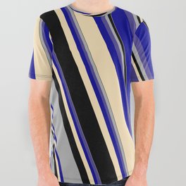 [ Thumbnail: Dark Gray, Dark Slate Blue, Dark Blue, Tan, and Black Colored Striped Pattern All Over Graphic Tee ]