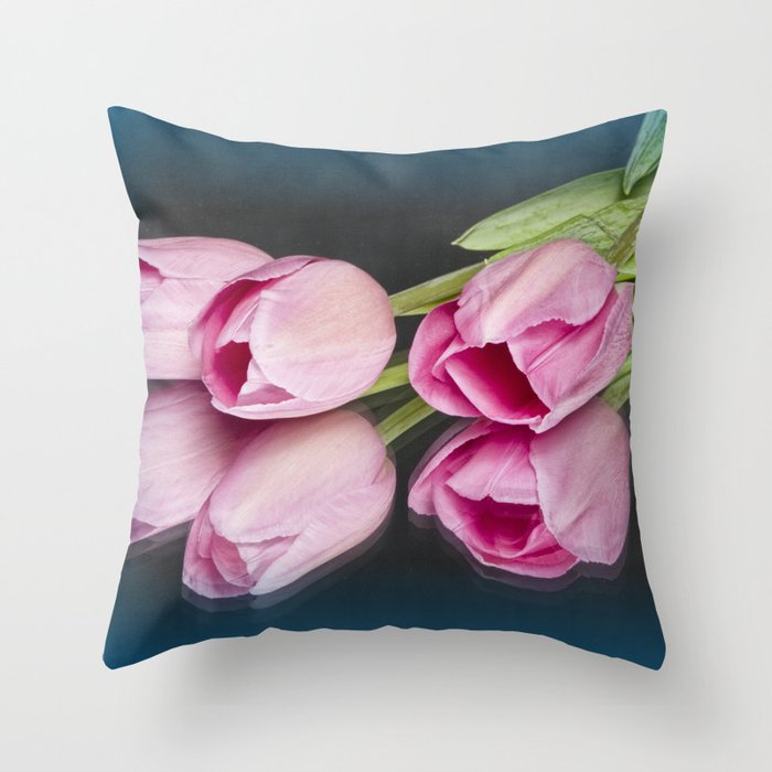 Tulips and Reflections on Blue Throw Pillow
