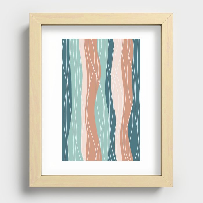 Abstract Stripes and Lines in Teal, Light Blue, Peach and Salmon Recessed Framed Print