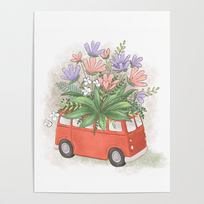 Pretty summer flower bus Poster