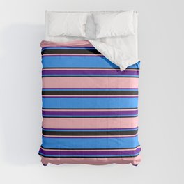 [ Thumbnail: Blue, Black, Light Pink & Indigo Colored Lines Pattern Comforter ]