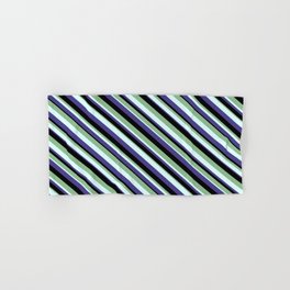 [ Thumbnail: Dark Sea Green, Light Cyan, Dark Slate Blue, and Black Colored Pattern of Stripes Hand & Bath Towel ]