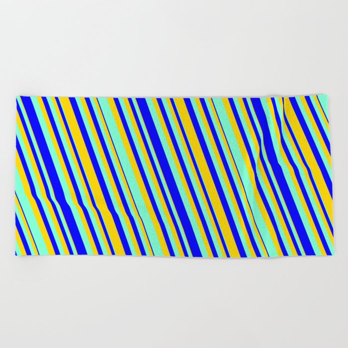 Aquamarine, Blue & Yellow Colored Lines Pattern Beach Towel