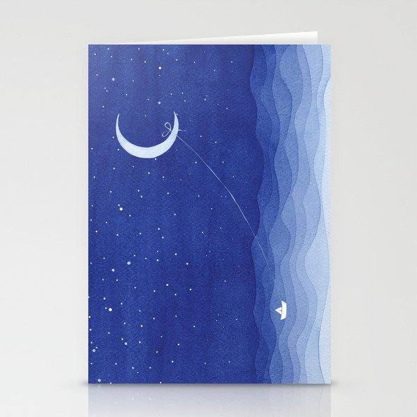 Follow the moon, watercolor blue ocean sea sailboat Stationery Cards