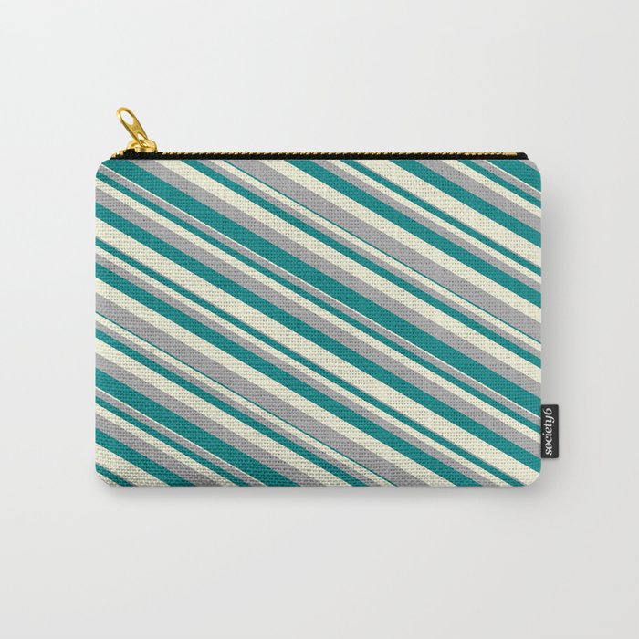 Beige, Dark Gray, and Teal Colored Pattern of Stripes Carry-All Pouch