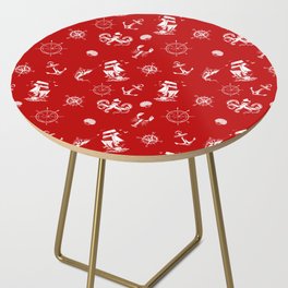 Red And White Silhouettes Of Vintage Nautical Pattern Side Table