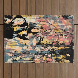 001: a vibrant abstract design in black yellow and pink by Alyssa Hamilton Art  Outdoor Rug