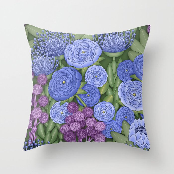 Romantic Bohemian Floral and Thistle Pattern // Cobalt Blue, Royal Blue, Green, Plum Purple Throw Pillow