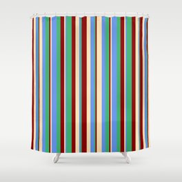 [ Thumbnail: Beige, Cornflower Blue, Sea Green, and Dark Red Colored Lines/Stripes Pattern Shower Curtain ]