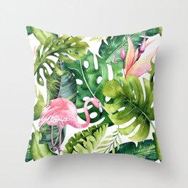 Flamingo Tropical, Colorful Tropical Jungle Monstera Painting, Watercolor Birds Banana Leaves Throw Pillow