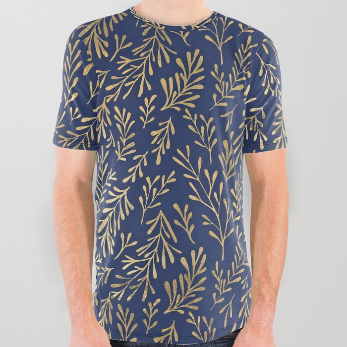 Gold Leaves Navy Blue Sea Collection All Over Graphic Tee