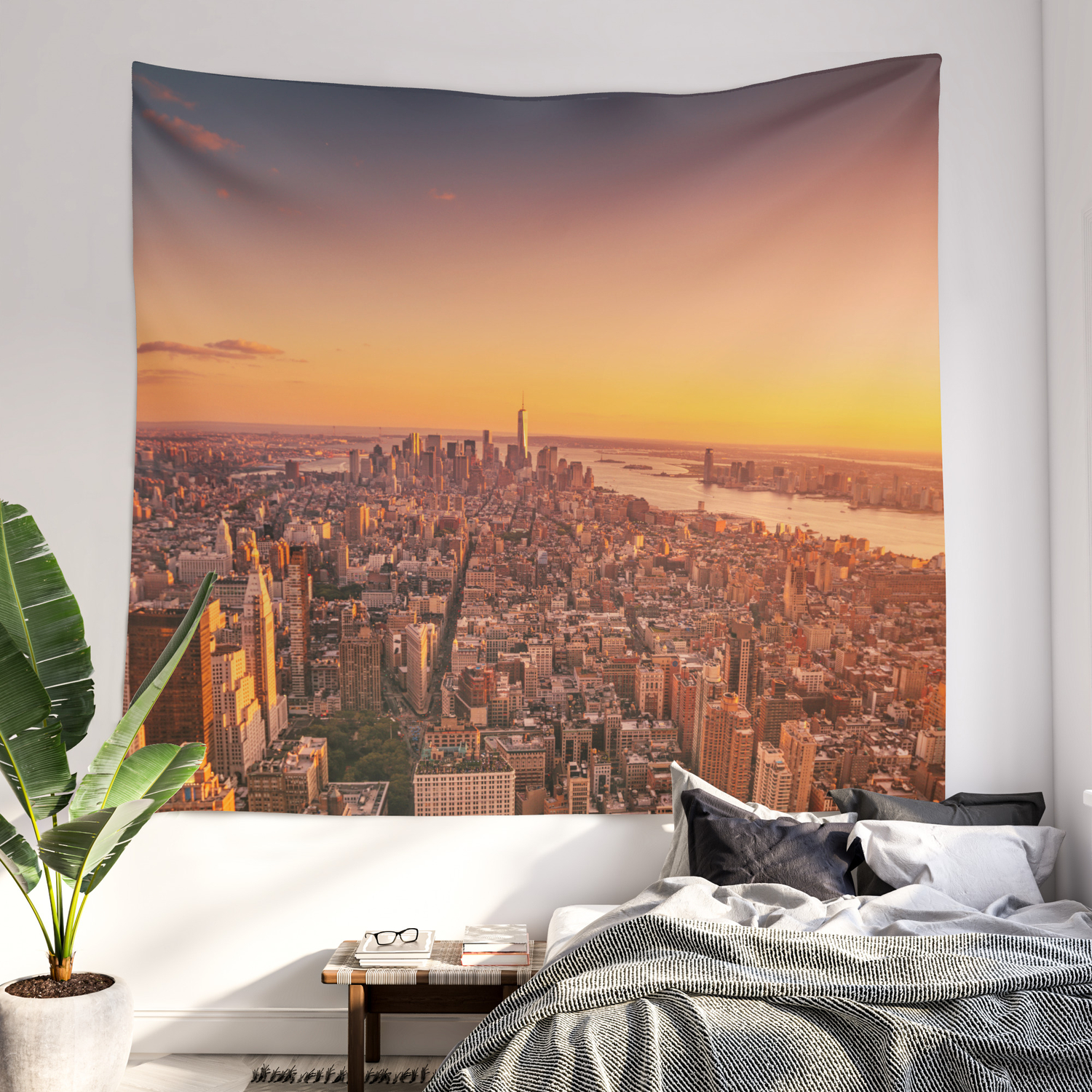 New York City Rose Quartz Manhattan Skyline Sunset Wall Hanging Tapestry Decor 