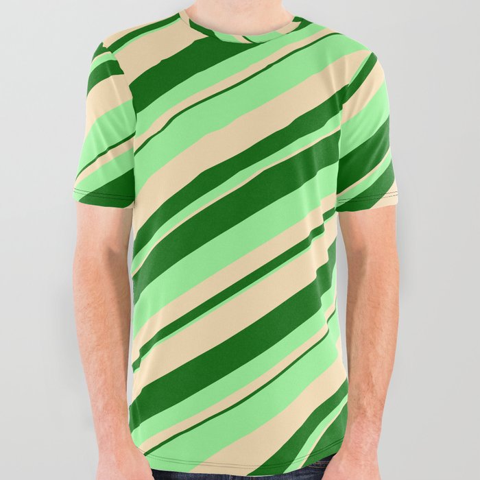Dark Green, Green, and Beige Colored Stripes Pattern All Over Graphic Tee