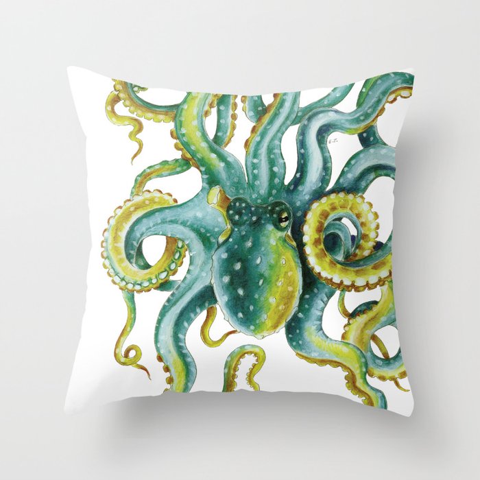 Octopus Tentacles Green Watercolor Art Throw Pillow