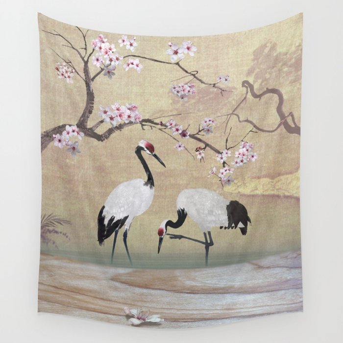 Cranes Under Cherry Tree Wall Tapestry