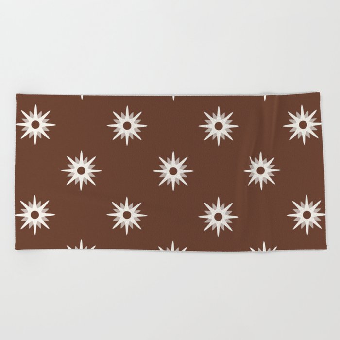 Brown atomic mid century white stars pattern Beach Towel