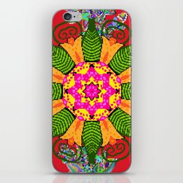 Colored round floral mandala on a red, green and yellow colors. Vintage illustration.  iPhone Skin