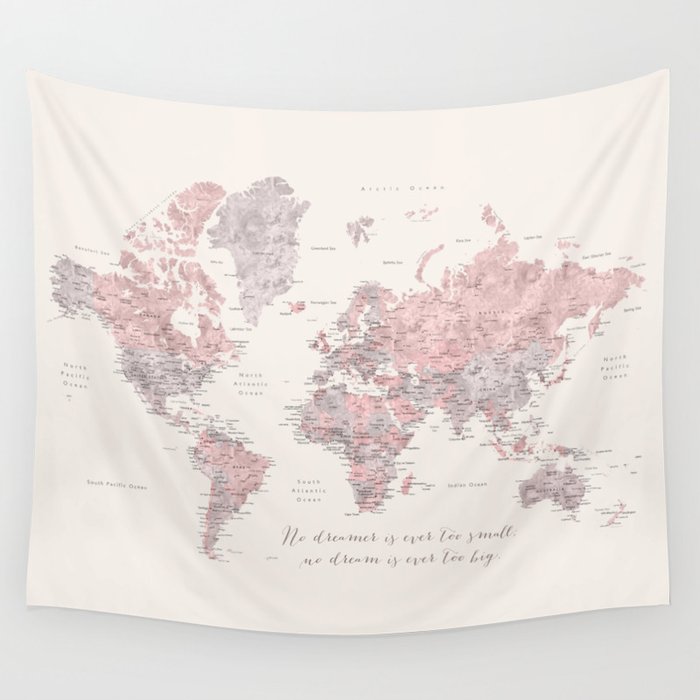 Nude, dusty pink and grey world map with cities, No small dreams, "Kaia" Wall Tapestry