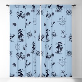 Pale Blue And Blue Silhouettes Of Vintage Nautical Pattern Blackout Curtain