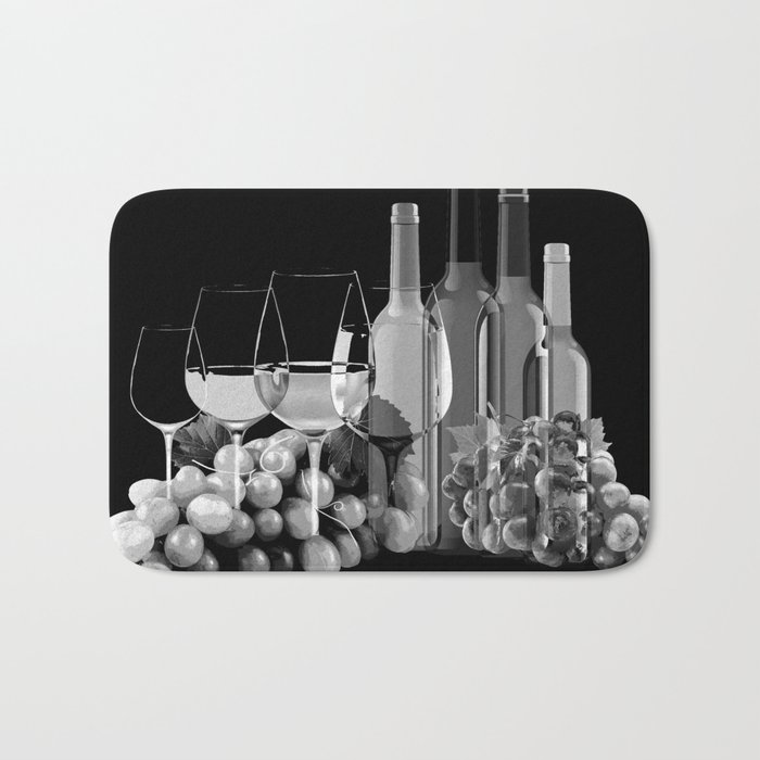 Black and White Graphic Art Composition Of Grapes, Wine Glasses, and Bottles Bath Mat