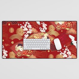Spring Japanese background with fans and cranes Desk Mat