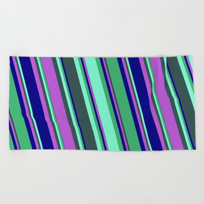 Eyecatching Sea Green, Aquamarine, Dark Slate Gray, Orchid, and Blue Colored Lines Pattern Beach Towel